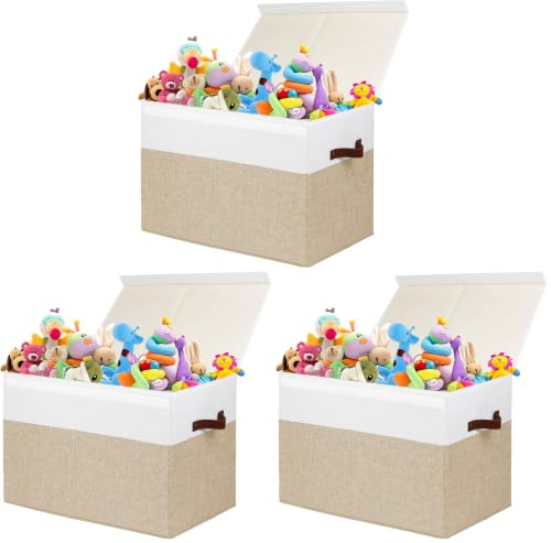 Image of Gowee Large Toy Storage Box with Lid, Sturdy Toys Storage Chest Bin Organizer Basket with Dividers for Kids, Boys, Girls, Nursery, Closet, Bedroom, Playroom 25 inchx13 inch x16 inch (Beige and White) (Pack of 3)