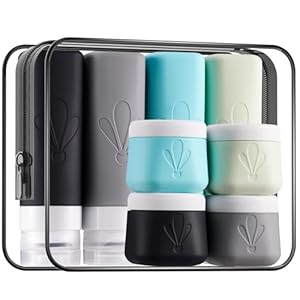 INSFIT 8 Pack Silicone Travel Bottles & Cream Jars with Toiletry Bag, 3oz Leakproof Containers & 2oz Jars with Waterproof Labels, BPA-Free Squeezable Toiletries Set for Shampoo, Lotion, Cosmetics
