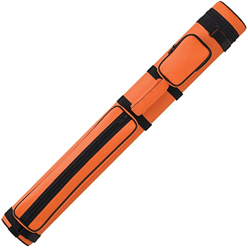 Action 34' Long Pool Cue Hard Carrying Case - Holds 2 Butts & 2 Shafts Separate Molded Tubes Large Zippered Accessory Pockets Adjustable 1' Vinyl Carrying Strap, Fits up to 32' Shaft or Butt Orange