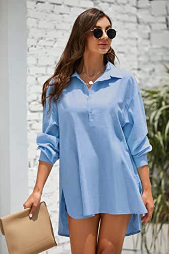 Womens Cotton Linen Tunic Shirts Button Down Long Sleeve Collared Summer Beach Pullover Tops Blue #TOP1