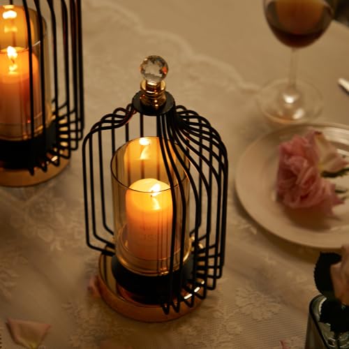 Luxury Birdcage Lanterns 36cm High, Vintage Black Tealight Holder set of 2, Hurricane Holder for Pillar Candle with Tempered Glass Panels, Decorative Lanterns for Garden, Table, Living room (2PCS) - Cosy Home Interiors Luxury Birdcage Lanterns 36cm High, Vintage Black Tealight Holder set of 2, Hurricane Holder for Pillar Candle with Tempered Glass Panels, Decorative Lanterns for Garden, Table, Living room (2PCS) - Image 2