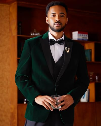 MAGE MALE Mens Velvet Suits Slim Fit Peak Lapel Tuxedo 3 Piece One Button Prom Party Banquet Blazer Vest Pants Set4