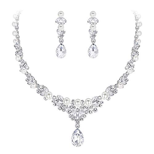 EVER FAITH Women's Crystal Simulated Pearl Bridal Teardrop Necklace Earrings Set Clear Silver-Tone