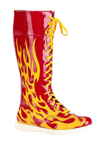 WWE Hulk Hogan Costume Wrestling Boots for Adults - Red Flame Graphics Yellow Laces - Officially Licensed Size 9