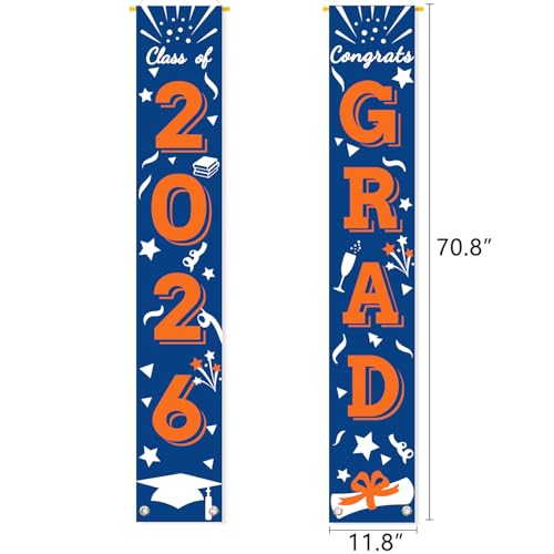 Image of Graduation Porch Banner Class Sign Congrats Grad Hanging Flags High School College University Party Decoration For Front Door Outdoor Blue Orange