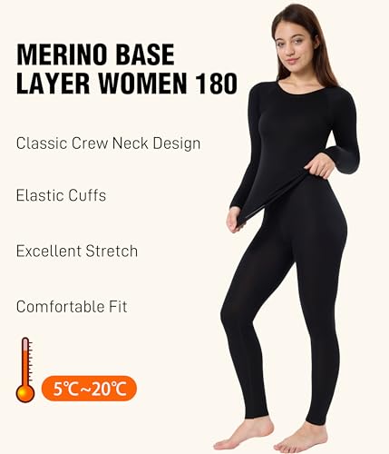 CAOZITOU 100% Merino Thermounterwäsche Damen, Warme Skiunterwäsche Wolle Funktionsunterwäsche Set, Thermo Langarm Unterwäsche Frauen für Winter (180g, Schwarz, M)