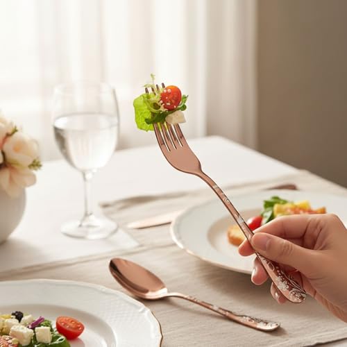 Image of 10 Pcs Rosegold Floaral Stainless Steel Cutlery Set for Dining Table with Spoons and Forks Set + Butterknives - The Perfect Tableware /Flatware