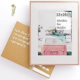 Homeforia - 12x16 inch Metal Picture Frame - 12 x 16 Aluminum Photo Frames - 12x9 Mat - Tempered Glass - Wall Hook Included - Set of 1 - Rose Gold