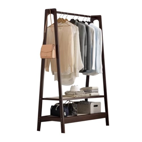 Perchero de bambú con estantes de almacenamiento de 2 niveles, estante multifuncional para colgar ropa con ganchos laterales, organizador portátil de armario, fácil montaje