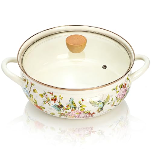 Elsjoy 4.2 Quart Vintage Enamel Stock Pot with Lid and Handle Floral Cooking Pot Large Kitchen Simmer Pot Vintage Enamelware for Induction Cooktop Gas Stove