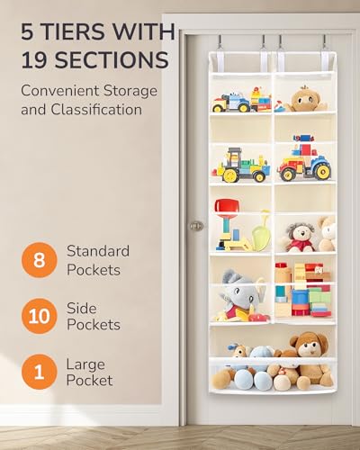 Image of ULG Over the Door Organizer, 5-Tier Extra Large Hanging Storage with 10 Mesh Pockets, 100 lbs Capacity, Heavy Duty Door Organizer for Closet, Bedroom, Nursery Storage, Beige