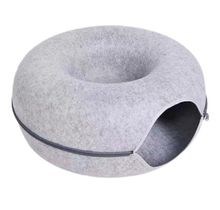 猫ドーナツ 猫用ベッド キャットトンネル 取り外し可能 洗える 小型犬にも対応 屋内用ペットハウス ふわふわ素材 猫のおもちゃ付き (グレー,60*28cm)