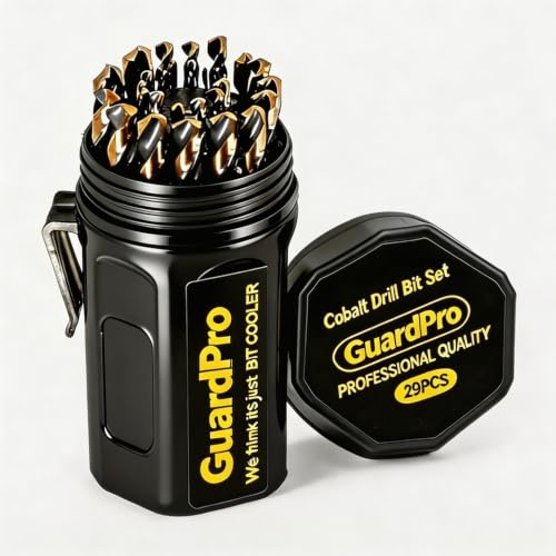 Image of GuardPro 29Pcs Cobalt Drill Bit Set, 135 Degree Tip High Speed Steel with Black and Gold Finish, Stainless Steel, Plastic and Wood with Indexed Round Case 1/16"-1/2"