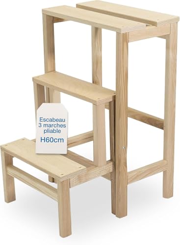 Tomaino - Escabeau en Bois 3 Marches Pliable, Élégant et Fonctionnel, Tabouret Gain de Place