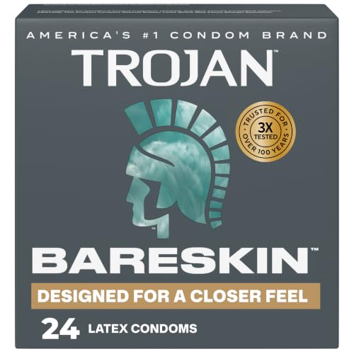 Trojan Bareskin Latex Lubricated Thin Condoms for Men, Designed For a Closer Feel, Made from Premium Latex to Help Reduce Risk of Pregnancy and Sexually Transmitted Infections (STIs), 24 Count