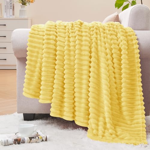 Image of BEDELITE Fleece Throw Blanket for Couch - 3D Ribbed Jacquard Soft and Warm Decorative Fuzzy Blanket - Cozy, Fluffy, Plush Lightweight Light Yellow Throw Blankets for Bed, Sofa, 50x60 inches