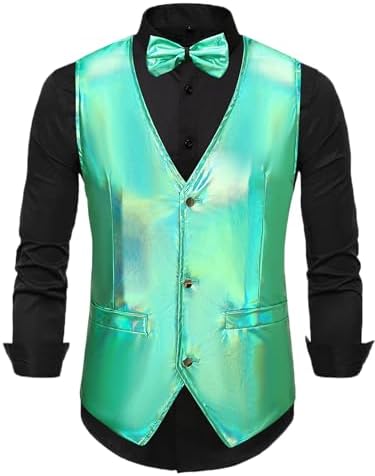 Lars Amadeus Holographic Green Waistcoat for Men's Slim Fit