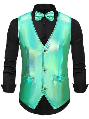 Lars Amadeus Holographic Waistcoat for Men's Slim Fit Shiny Disco Party Metallic Sleeveless Vest Bowtie