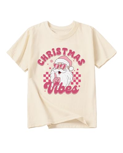 Christmas Vibes Shirt for Girls with Santa Pink Holiday Graphic Tee Cotton Cool Top 4t 5t