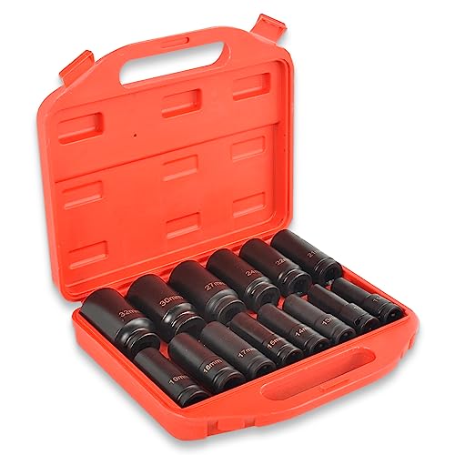 1/2" Drive Deep Impact Socket Set, 14 Piece 6 Point Metric Sizes 11-32mm(11 12 13 14 15 17 18 19 21 22 24 27 30 32mm),Cr-V Steel,Deep Socket Set 1/2 Drive