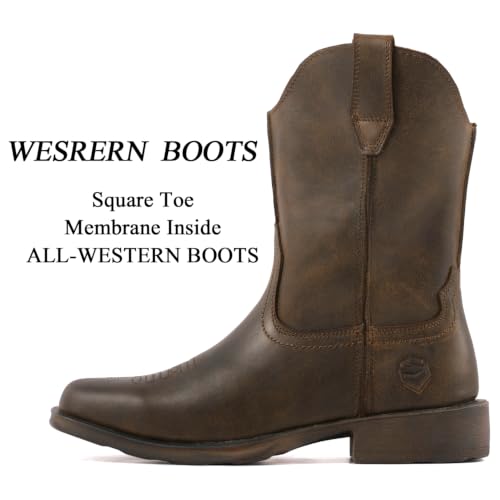 Image of SUREWAY Western Boots - Men's Square Toe Work Boot,Pull On Leather Wellington Boots,Durable Classic Slip Resistant Soft Toe Cowboy Boot
