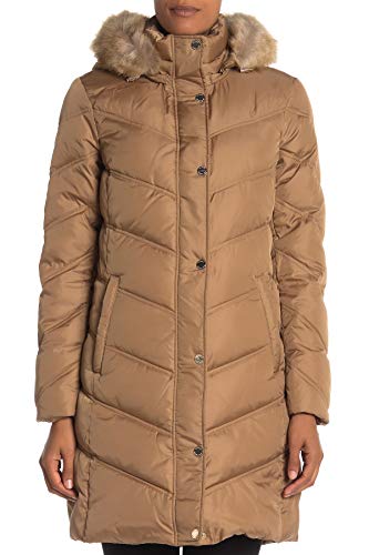 Michael Michael Kors Chevron Faux Fur Trim Hooded Down Puffer Coat Dark Camel (XL)