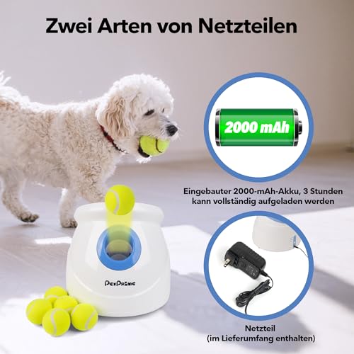 Pet Prime Groß Ballwurfmaschine Hund, Automatischer Ballwerfer für Große Hunde, Wiederaufladbar Ballschleuder 3 Wurfweite zwischen 3-12m, mit Pfeife & 6 Bälle Wurfspiel im Garten und Park (Max)