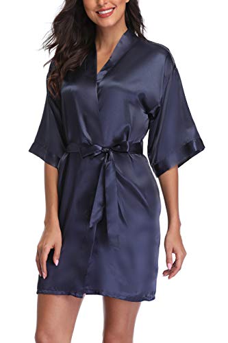 Women's Short Satin Kimono Robes Pure Color Sleepwear Bathrobe for Wedding Party Dark Blue