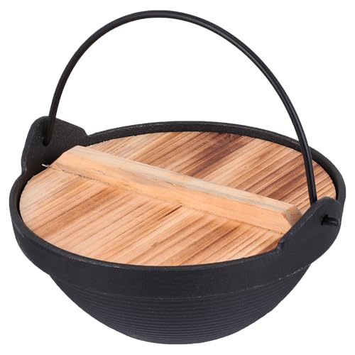 VANZACK Gusseisen Hängetopf 18 cm mit Deckel aus Zedernholz, Camping- und Wanderkochgeschirr, hitzebeständig, tragbar für Outdoor Picknick