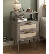 Veegle Rattan Nightstand with Charging Station,Modern Bedside Table with 2 Storage Drawer and Ope...