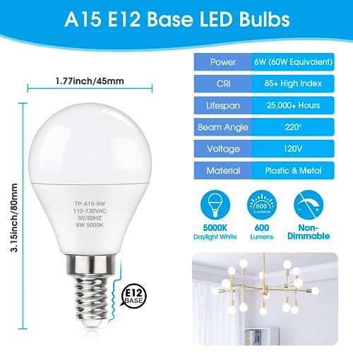 MAXvolador E12 LED 60W Equivalent Daylight White 5000K Ceiling Fan Bulbs, 600LM CRI 85+ Small Base Candelabra Bulbs, 6W Non-Dimmable, Pack of 6 - Thumbnail 2