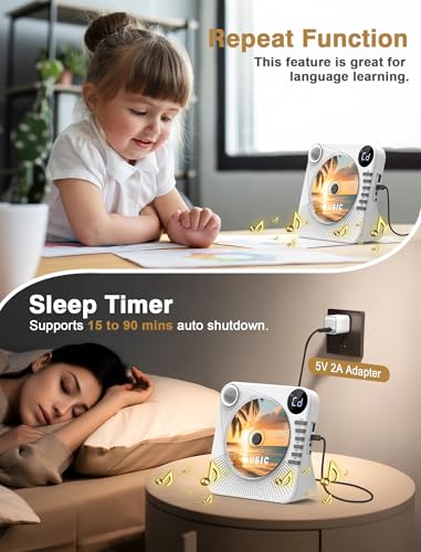 Image of CD Player Bluetooth with HiFi Dual Speaker,Desktop CD Player for Home with Remote Control,Dust Cover,LCD Display,Sleep Timer,EQ Sound,USB /AUX,Kids,Gift,White