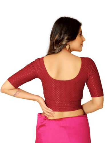 Image of Amazon Brand - Anarva Round Neck Dobby Cotton Lycra Stretchable Elbow Half Sleeve Readymade Saree Blouse for Women Stylish