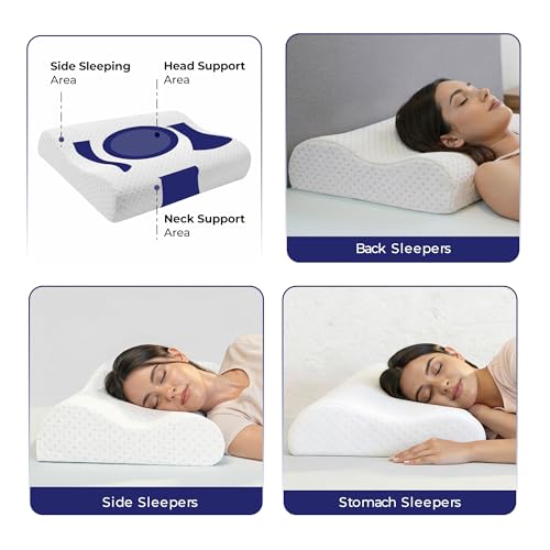 Image of WELLGIVER Cervical Gel Memory Foam Pillow for Neck Pain Relief - Ergonomic Orthopedic Pillow for Sleeping, Contoured Support for Side, Back & Stomach Sleepers | White | Pack of 2 | 19 x 11 x 3.5 Inch