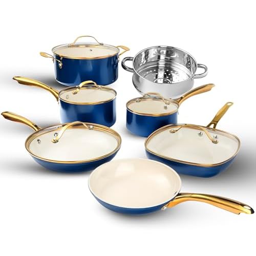 Gotham Steel 12 Piece Pots and Pan Set, Ceramic Cookware Set, Pots and Pans Set, Non Stick Cookware Set for Kitchen with Frying Pans + Saucepans, Oven/Dishwasher Safe, Healthy & Non Toxic – Navy