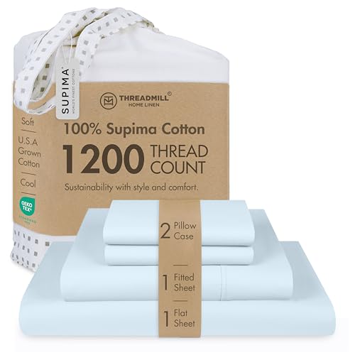 Image of Threadmill 1200TC Supima Cotton Full Sheet Set, Sateen, Light Blue, 4-Piece | 100% Supima Cotton, Sateen Weave, 4-Piece Set, 17 inch Deep Pocket, Hotel Quality, OEKO-TEX Certified, Machine Washable