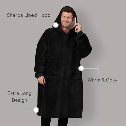 Sienna Extra Long Oversized Blanket Hoodie Wearable Throw with Pockets Sleeves Soft Sherpa Fleece Wearable Throw Giant Sweatshirt, Black - Image 3
