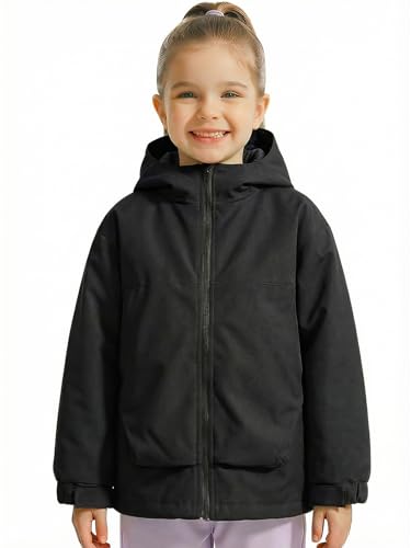 Gogokids Boys Girls Waterproof Jacket Insulated Padded Windbreaker Raincoat Sports Hooded Outerwear for Hiking Gear, Black, 7-8 Years