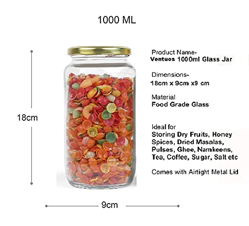 Image of PRAMUKH FASHION Square Shape Glass Jar for Kitchen Masala Storage Ml Set with Airtight Lid Containers Spices Dry Fruits and Pickle Container Pack of (6, Gold 1000Ml Round Jar)