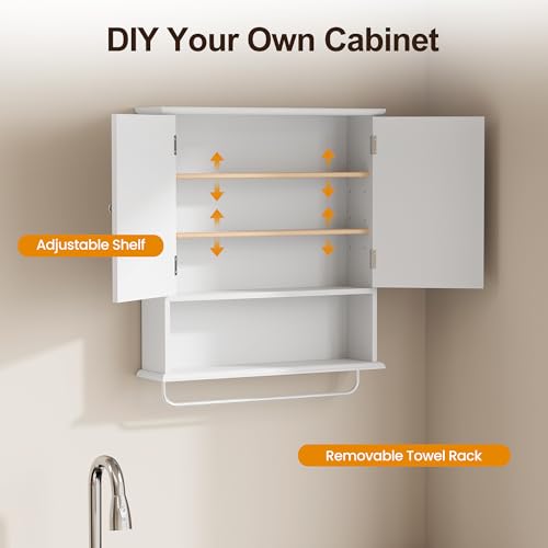 RoyalCraft Bathroom Wall Cabinet with Mirror, Over the Toilet Storage Cabinet with Towel Rack and Adjustable Shelf, Large Bathroom Medicine Cabinet Wall Mount 22x25 inch (White) - Thumbnail 7