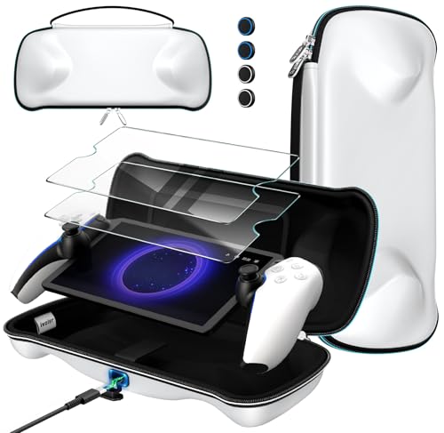 Image of ivoler 7 in 1 Carrying Case for PlayStation Portal ,Charging Inside Port Carrying Case & 2 Pcs Screen Protectors +4 Thumb Grips,Portable Travel Handbag for PS5 Portal Console Accessories Bundle,White