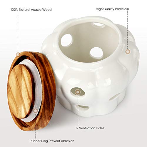 Allprettyall Garlic Keeper Vented Ceramic Garlic Storage Container White Stoneware With Acacia Wood Lid #TOP2