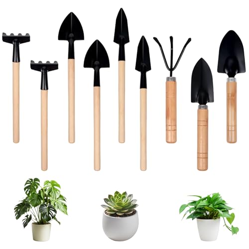 9 Piece Mini Garden Tools Set, Heavy Duty Aluminium Alloy with Wood Handle, Succulent Plants and Indoor Gardening Kit