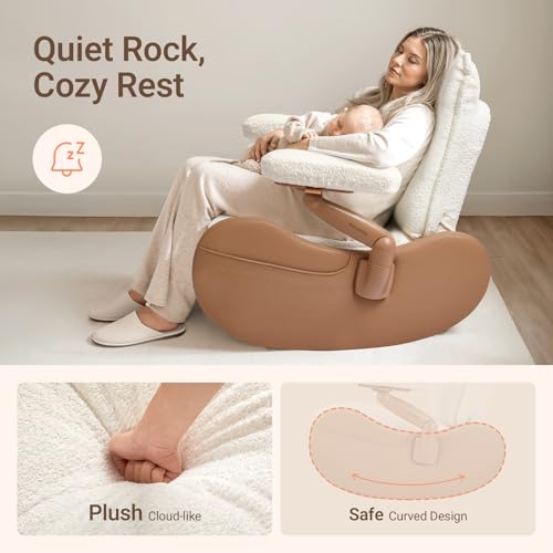 Image of MAMAZING Lullabud Nursery Rocking Chair with Adjustable Armrests for Living Room, Upholstered Nursing Chair with Removable Cover for Breastfeeding(Brown /Beige)