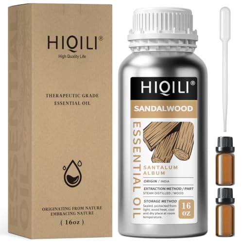 Image of HIQILI Sandalwood Essential Oil Long-Lasting Scent for Skin Care & Diffuser | Large Capacity for DIY Perfume Blending & Full-Body Massage, Ideal for Hotels, DIY Studio, Beauty Salon, Sauna - 16 fl oz