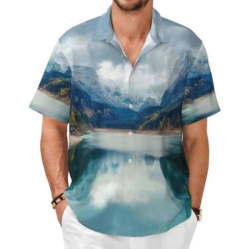 Chemise été plage vacances homme avec imprimé montagne naturel et poche poitrine