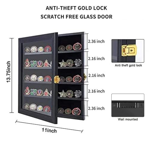 Image of Jinchuan Military Challenge Coin Display Case Lockable Cabinet Rack Holder Shadow Box with Removable 2 Grooves Shelves and Anti Dust Door for Casino Poker Chips Collectibles, Small - Black