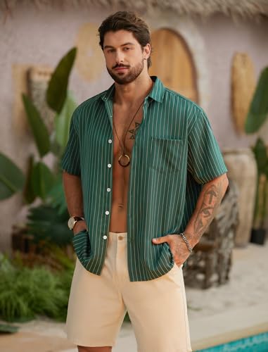 Hardaddy Men's Casual Striped Shirts Button Down Short Sleeve Blouse Summer Hawaiian Shirt4