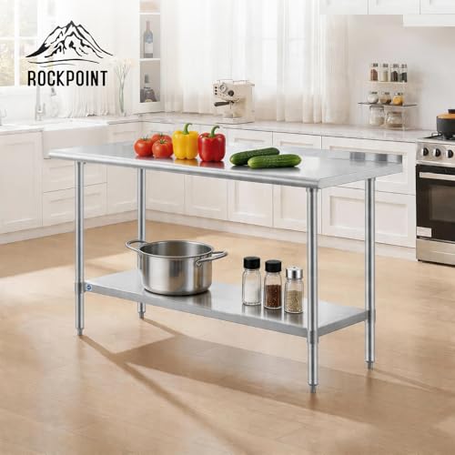 Image of ROCKPOINT SS304 Top All Stainless Steel Table for Prep & Work with Backsplash 24x60 Inches, NSF Commercial Kitchen Heavy Duty Table with Adjustable Undershelf for Restaurant,Kitchen, Home and Hotel