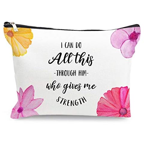 Inspirational Makeup Cosmetic Bags - I Can Do All This Through Him - Philippians 4:13 Ceramic Christian Cotton Zipper Pouch Travel Bag for Her Women Stoner Friend Sister Bestie Birthday Gifts Cover